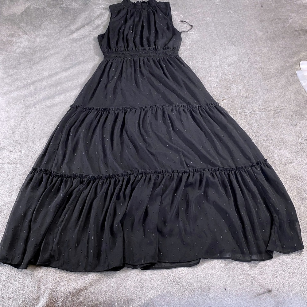 Draper James RSVP Maxi Dress Womens L Black Shine Clip Dot Smocked Tiered Mock